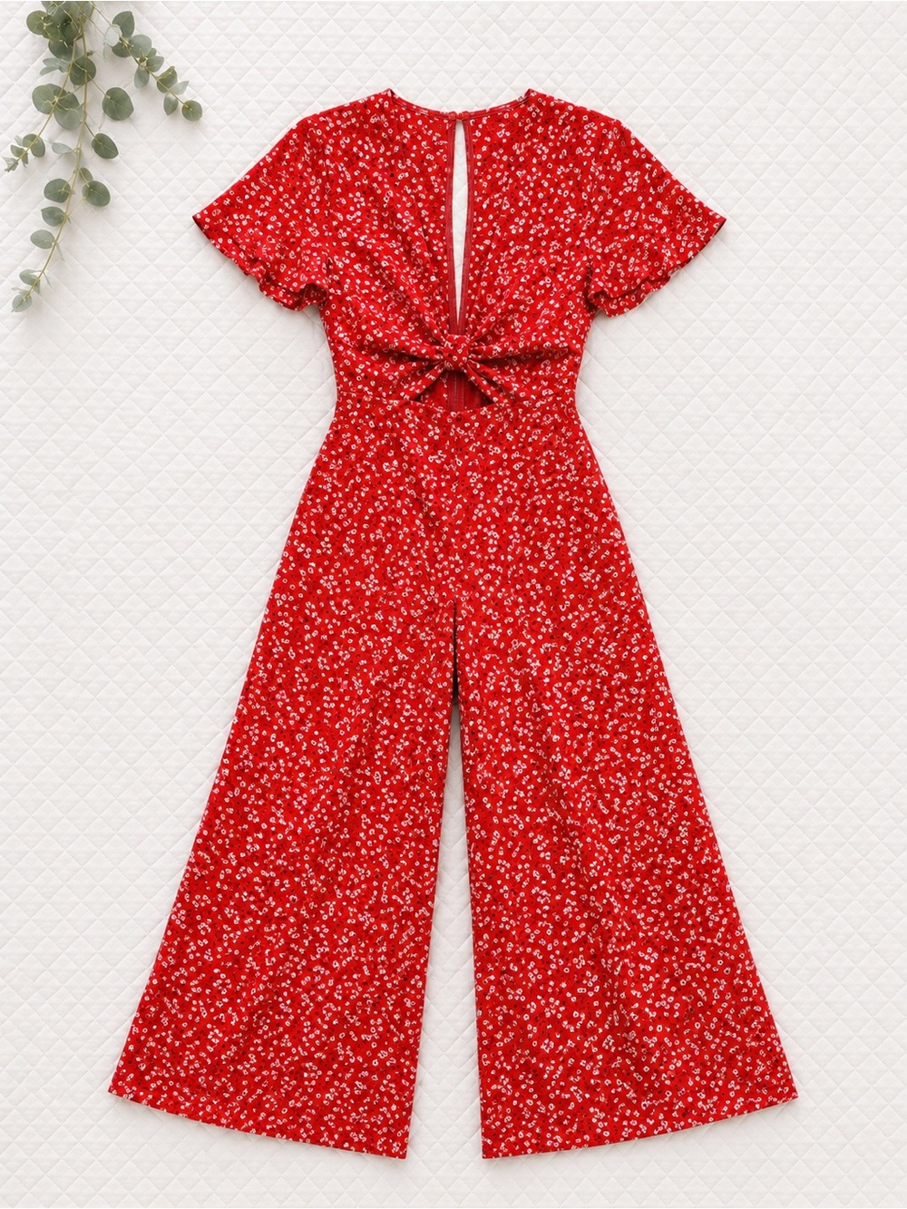 Lulus Red Floral Tie Front Knot Wide Leg Jumpsuit XS